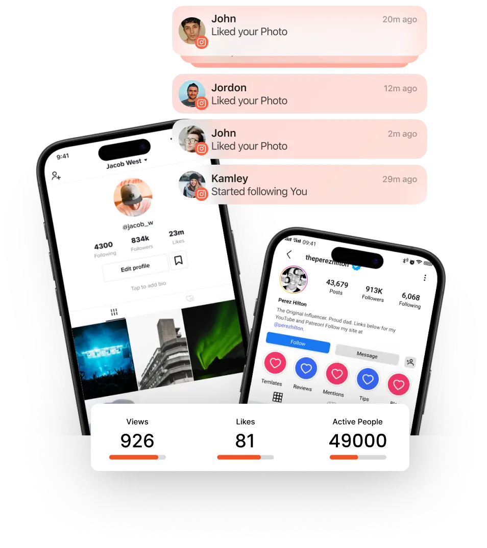 Smartphones displaying Instagram and TikTok growth metrics